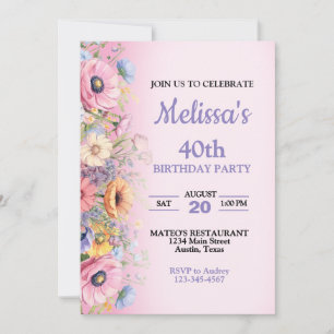 Belle Fleurs Pastel Invitation de fête d'anniversa