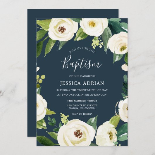 Belle Fleurs Turquoise Invitation Baptême (Devant / Derrière)