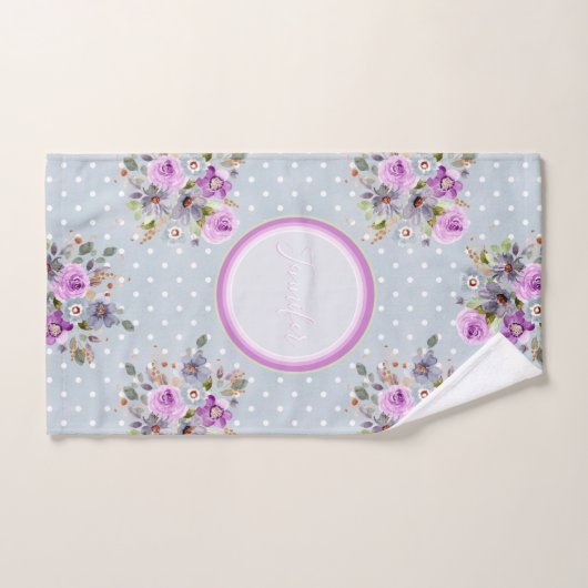 Belle floraison violet doré sur pois gris (Serviette à main)