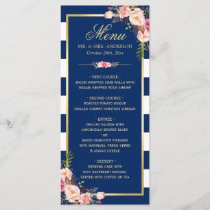 Belle Floral Navy Blue Striped Mariage Menu