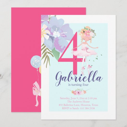 Belle florale Ballerina Invitation Anniversaire (Devant / Derrière)
