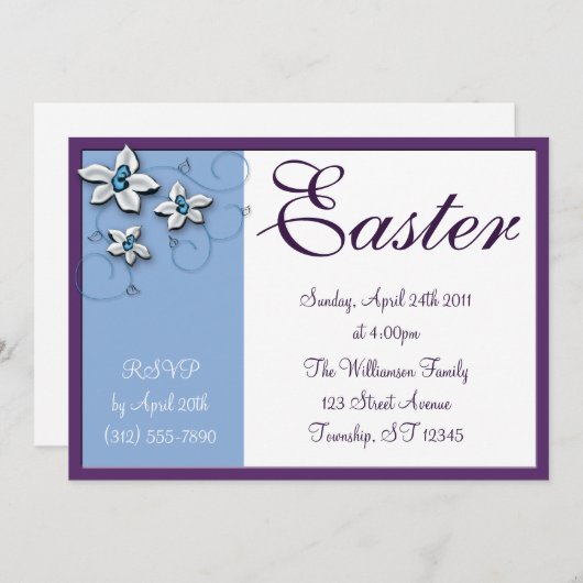 Belle florale Pâques Bleu Invitations (Devant / Derrière)
