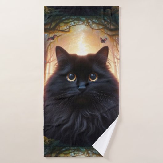 Belle Fluffy Chat Noir avec yeux or (Serviette de bain)