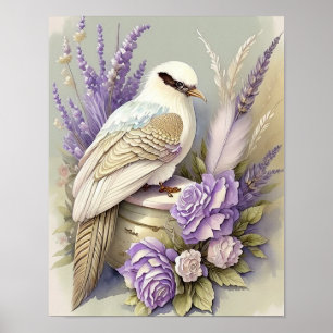 Belle Impression d'Oiseau Plumes Lavande Ivoire Or