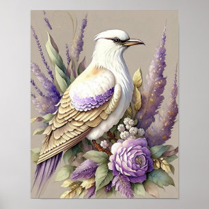 Belle impression d'oiseau Plumes Lavande Ivoire Or