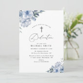 belle invitation à la dédicace florale bleu poussi (Debout devant)