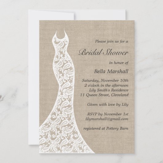 Belle Invitation à la douche nuptiale Burlap (Devant)