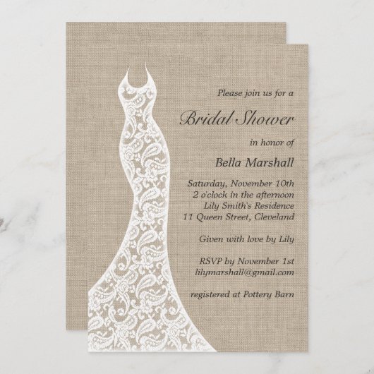 Belle Invitation à la douche nuptiale Burlap (Devant / Derrière)