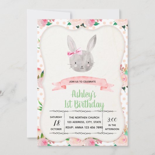 Belle invitation à la fête d'anniversaire de lapin (Devant)