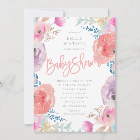 Belle Invitation Baby shower Aquarelle florale (Devant)