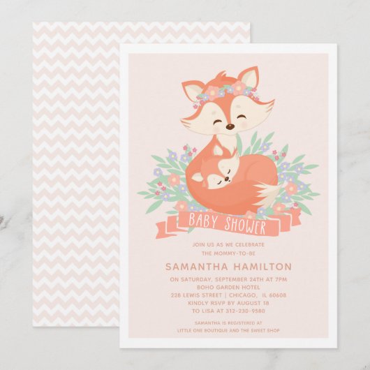Belle Invitation Baby shower fille Fox Woodland (Devant / Derrière)