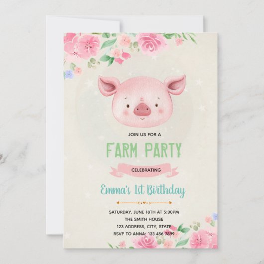Belle invitation d'anniversaire de porc (Devant)