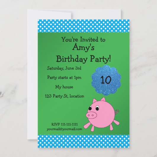Belle invitation d'anniversaire de porc (Devant)