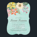 Belle invitation d'anniversaire de sweet sixteen<br><div class="desc">Conception florale d'aquarelle avec un arrière - plan d'aqua.  Facile à customiser !  Moderne,  élégant,  coloré - perfectionnez !</div>