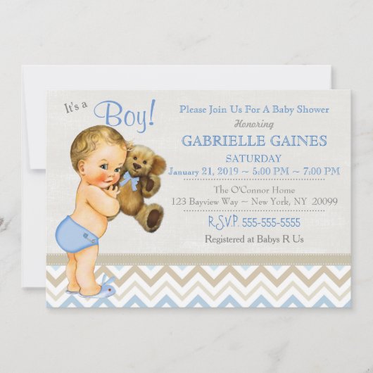 Belle invitation de Baby shower de garçon Personna (Devant)