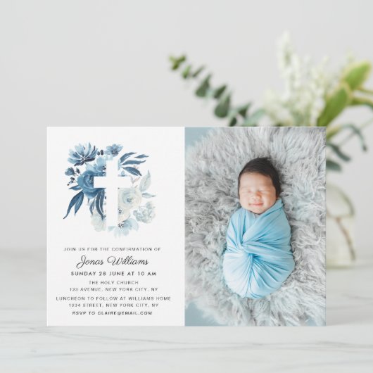 belle invitation de confirmation florale bleue (Debout devant)