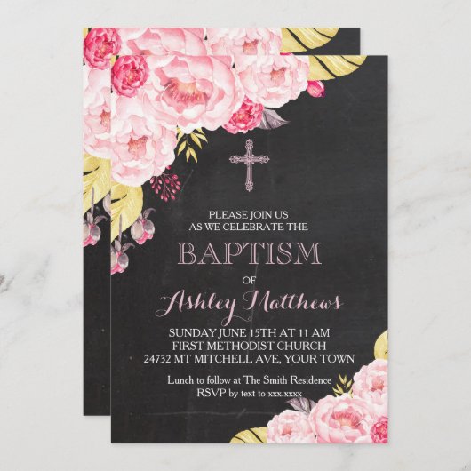 Belle Invitation Florale Baptême, Bébé (Devant / Derrière)