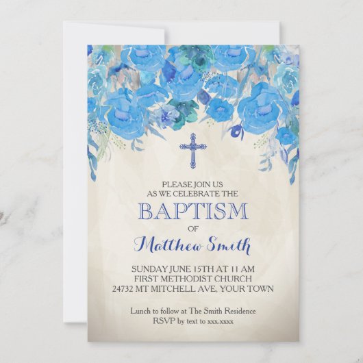 Belle Invitation Florale Baptême, Bébé (Devant)