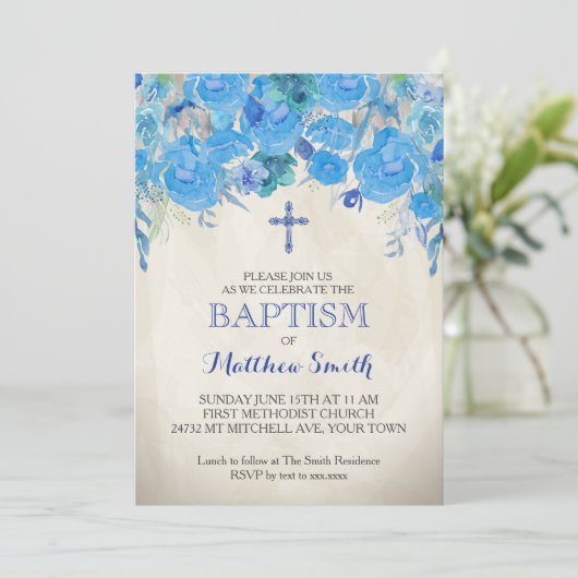 Belle Invitation Florale Baptême, Bébé (Debout devant)