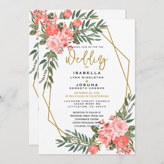 Belle Invitation Florale Corail (Devant / Derrière)