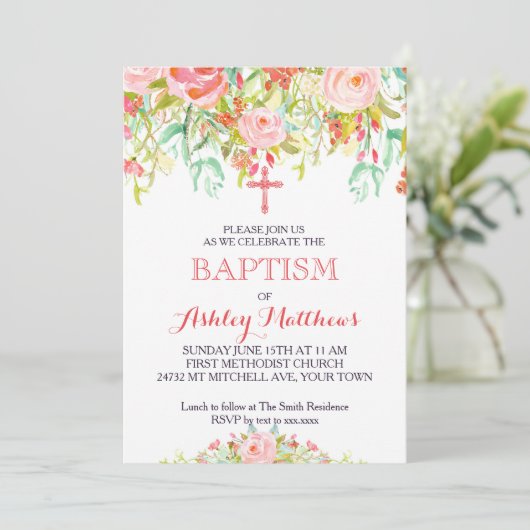 Belle invitation florale de baptême, bébé (Debout devant)