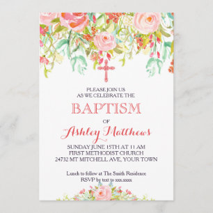 Belle invitation florale de baptême, bébé