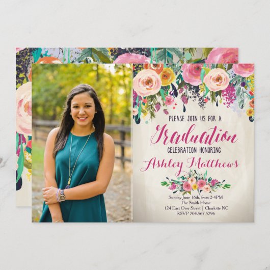 Belle Invitation Florale Graduation, (Devant / Derrière)
