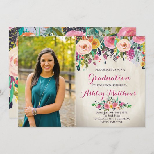 Belle Invitation Florale Graduation, (Devant / Derrière)