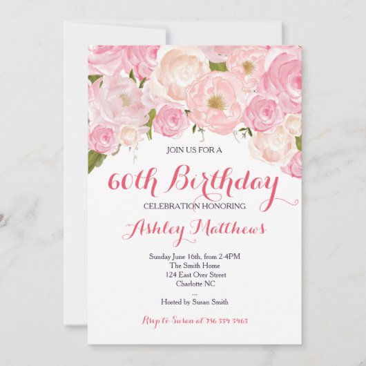 Belle invitation florale rose d'anniversaire de (Devant)