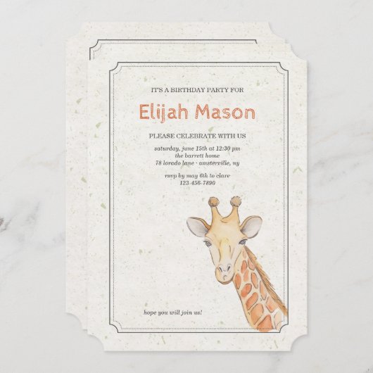 Belle invitation Giraffe (Devant / Derrière)