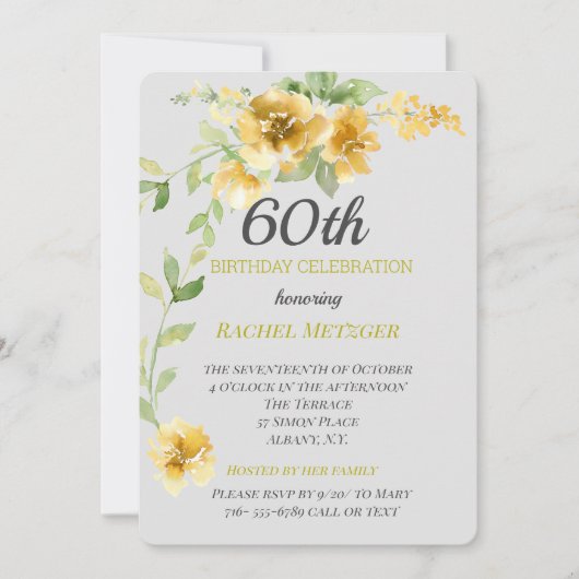 Belle Invitation Jaune/Gris Florale Anniversaire (Devant)