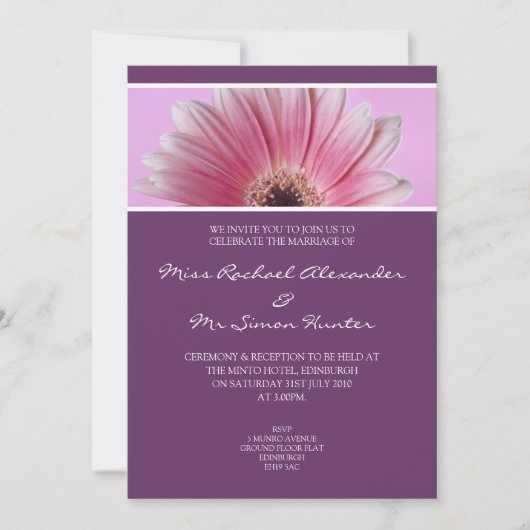 Belle invitation Mariage de Gerbera rose- Violet (Devant)
