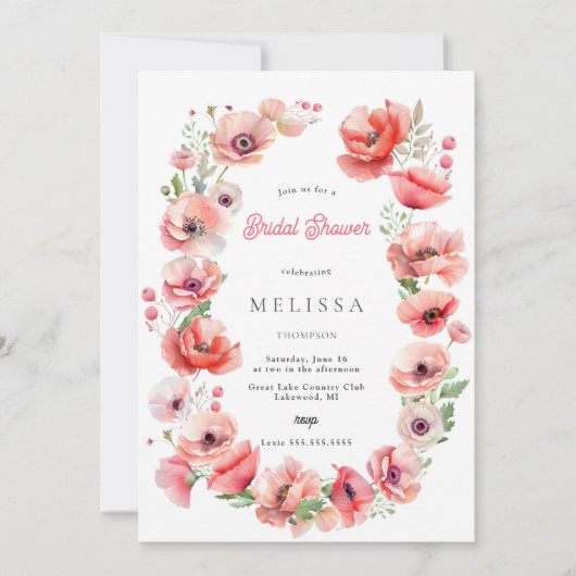 Belle invitation Pavot Rouge rose nuptiale Douche (Devant)