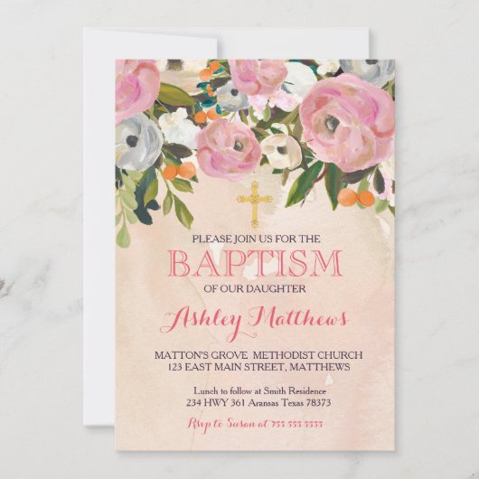 Belle Invitation Pink Floral BAPTISM (Devant)