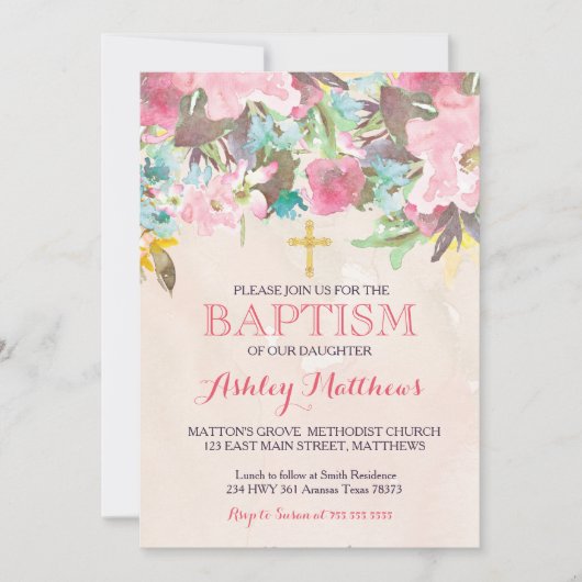 Belle Invitation Pink Floral BAPTISM (Devant)
