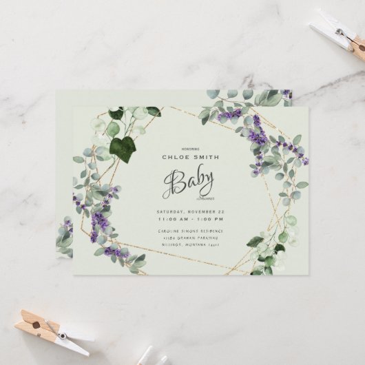 Belle Lavande Foliage Baby shower Invitation (Devant/Arrière en situation)