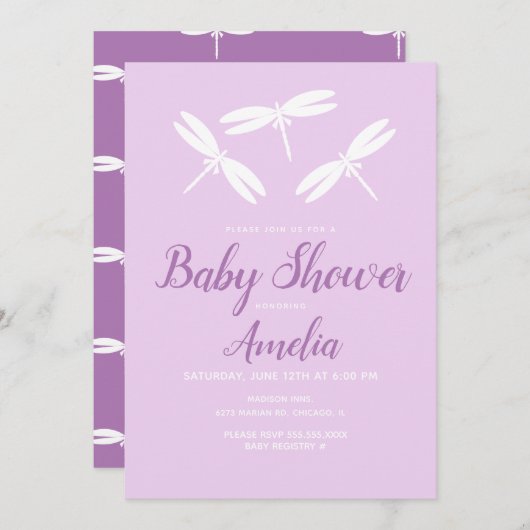 Belle libellule Violet Baby shower Invitation (Devant / Derrière)