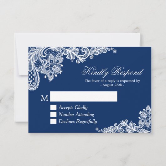 Belle Marine Blue Lace Wedding RSVP Répondre (Devant)