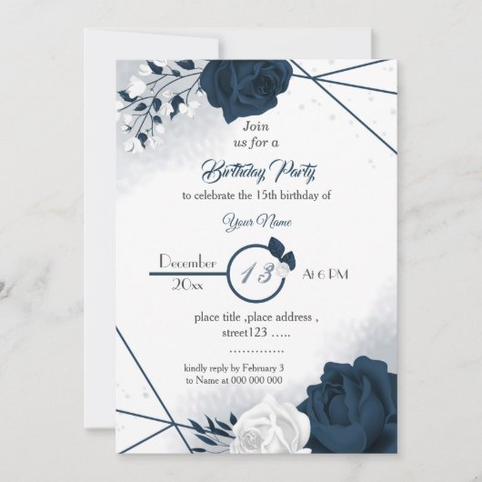 belle marine et fleurs blanches invitation anniver (Devant)