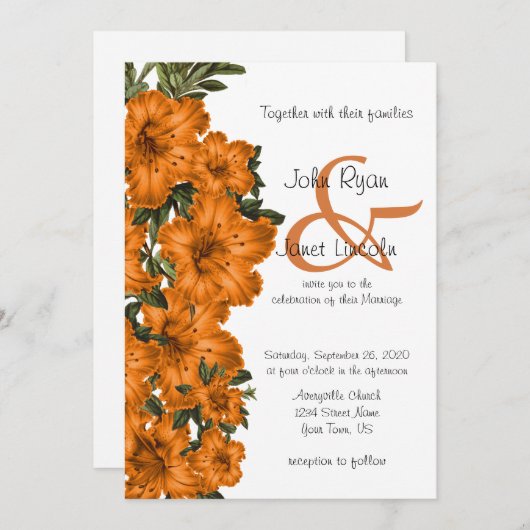 Belle Orange Lily Fleur mariage Invitations (Devant / Derrière)
