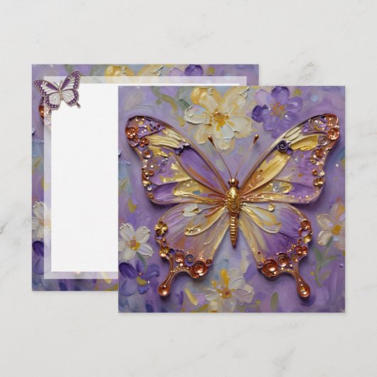 Belle Papillon Violet et Fleurs Carte Blanche (Devant / Derrière)