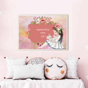 Belle Poster pour enfants Fille, Lapin et Fleurs