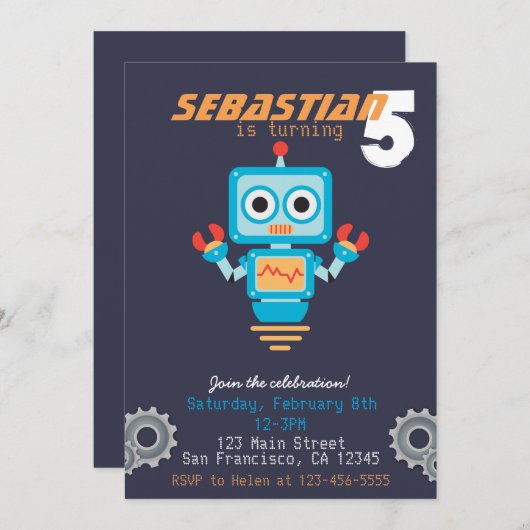 Belle Robot Boys Invitation de fête d'anniversaire (Devant / Derrière)