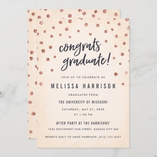 Belle Rose Gold Polka Dot Graduation Invitations (Devant / Derrière)