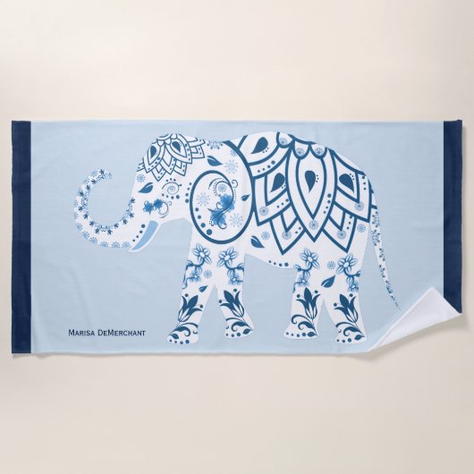 Belle serviette de plage bleue de nom d'éléphant (Devant)
