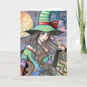 Belle Sorcière et Chaton Tigré Carte de Halloween