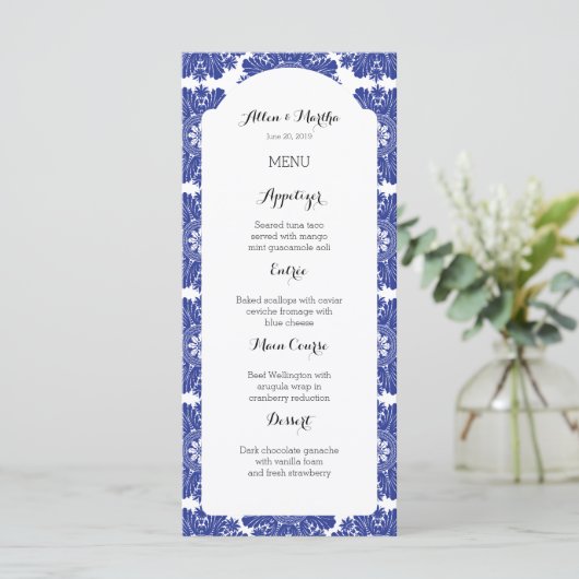 Belle Suite de menu Mariage Baroque Bleu & Blanc (Debout devant)