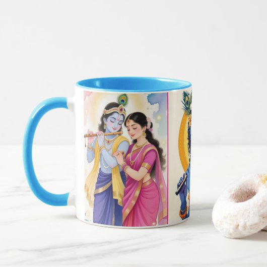Belle tasse à café accent bleu Radha Krishna (Avec donut)