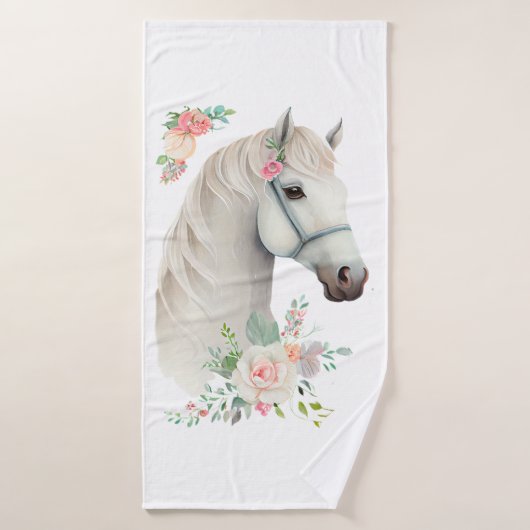 Belle tête de cheval blanc Boho Floral (Serviette de bain)