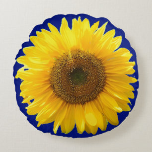 Belle Tournesol sur Coussin Royal Bleu rond